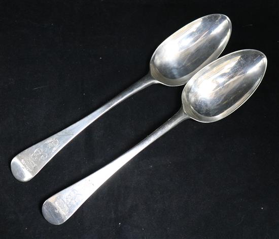 A pair of Queen Anne Britannia standard silver Old English pattern tablespoons, London, 1713, 120 grams.